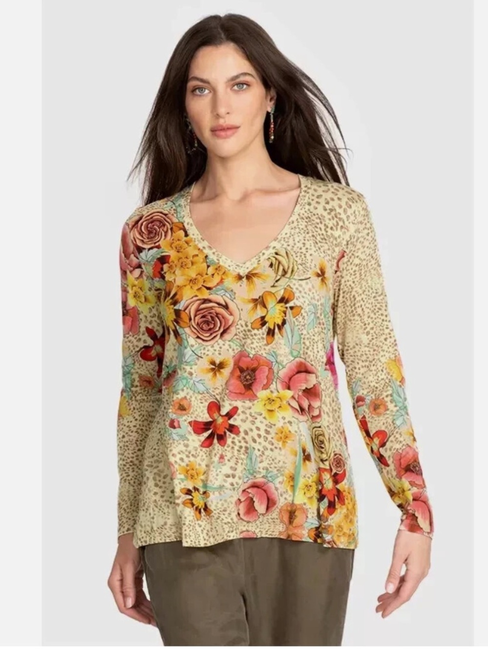 Johnny Was Hera Cream Multi Floral V-Neck Long Sleeve Top